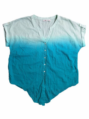 Cato Women’s XL Ombre Tunic Top Blue Aqua Short Sleeve Button Front Cotton